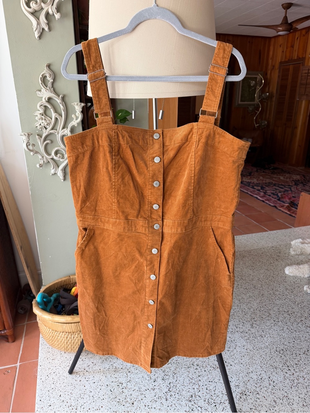 Gap Denim Vintage Corduroy Button Front Overall Dress XL Rust Brown